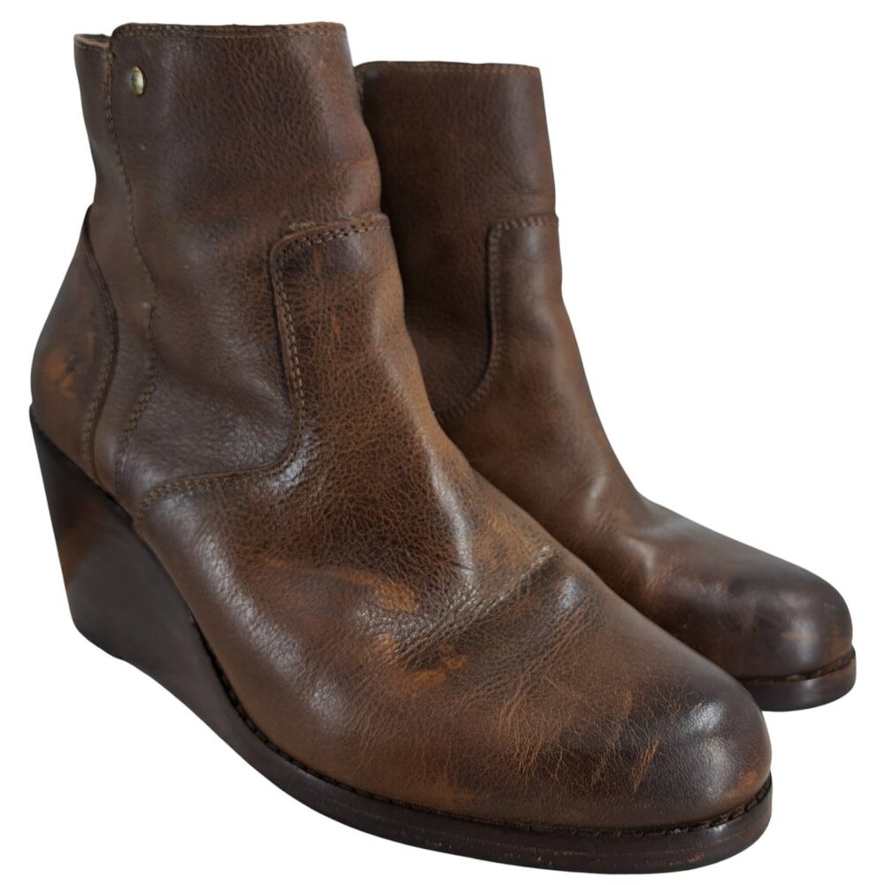 Frye Emma Wedge Brown Ankle Boots Size 10 Leather Classic Boho Distressed